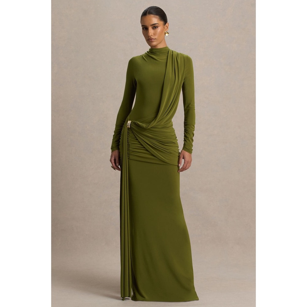Club L London Melissa Longsleeve Wrap Maxi Dress Moss Green 10 New With Tags